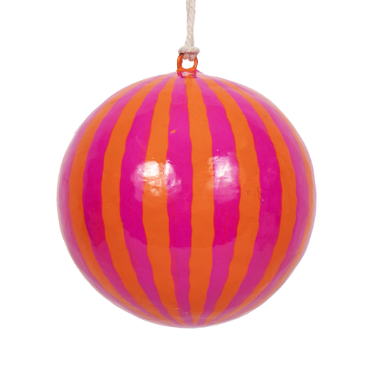 Papier Mache Stripe Bauble Magenta Orange, 7 cm