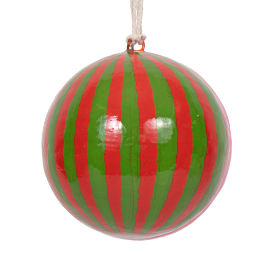 Papier Mache Stripe Bauble Red Green, 7 cm