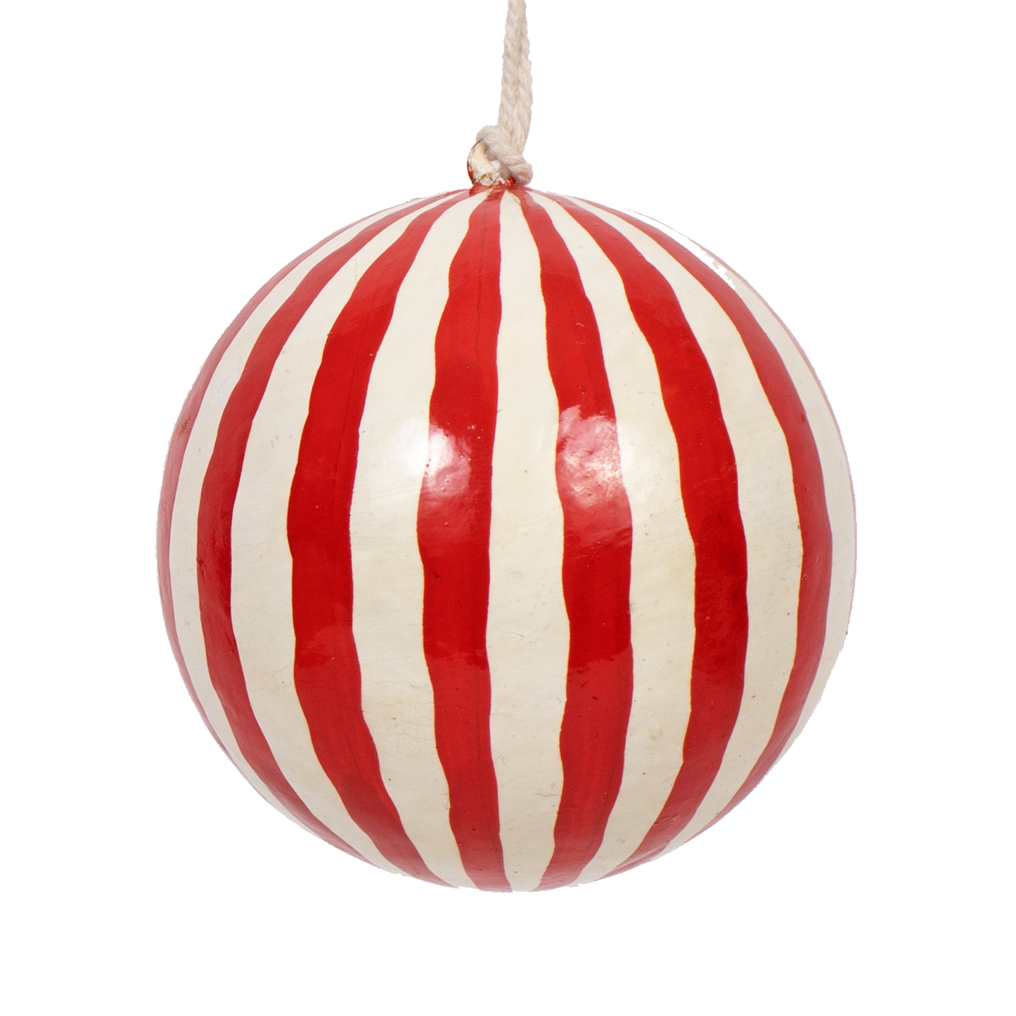 Papier Mache Stripe Bauble Natural Red, 7 cm