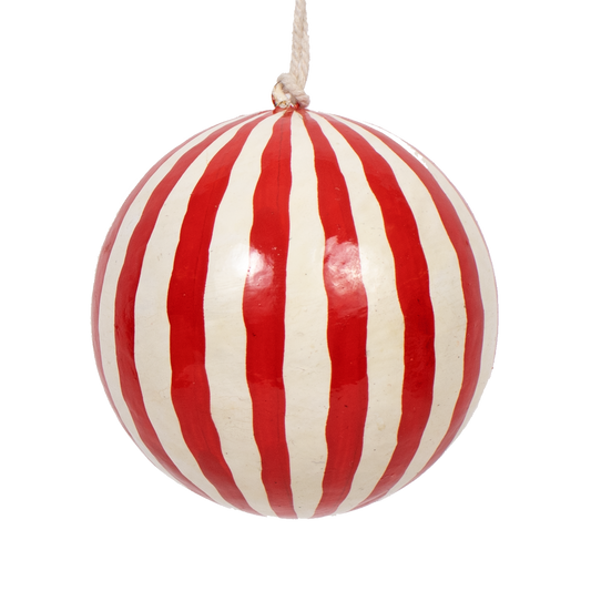 Papier Mache Stripe Bauble Natural Red, 7 cm