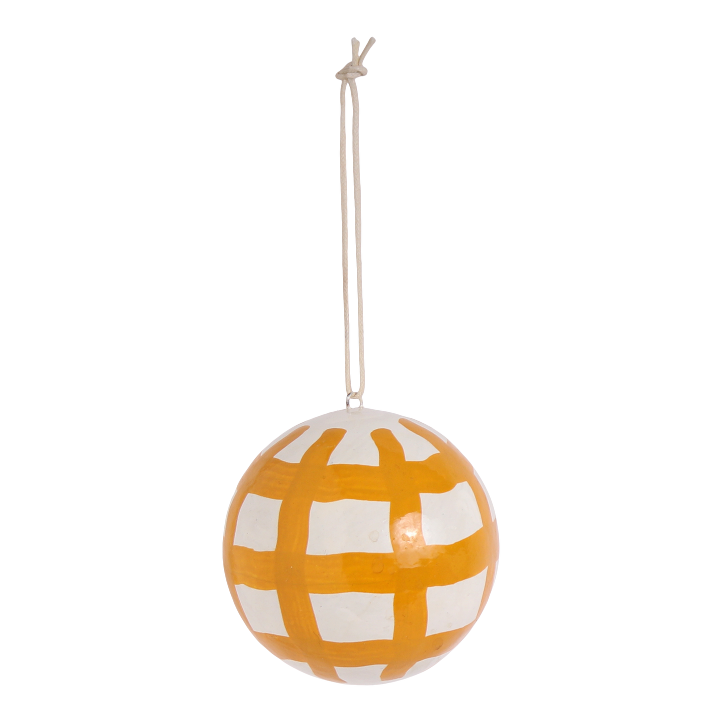 Papier Mache Brushstroke Check Bauble Ochre, 7 cm