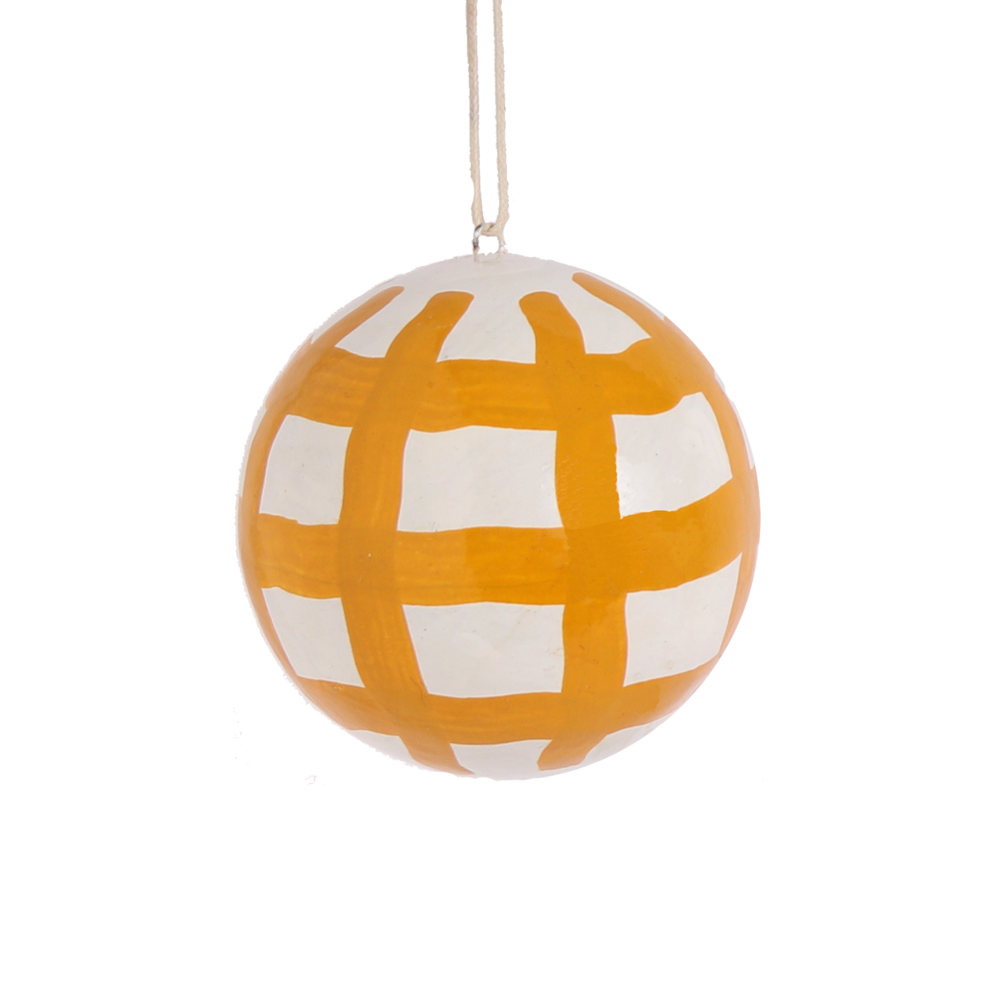 Papier Mache Brushstroke Check Bauble Ochre, 7 cm