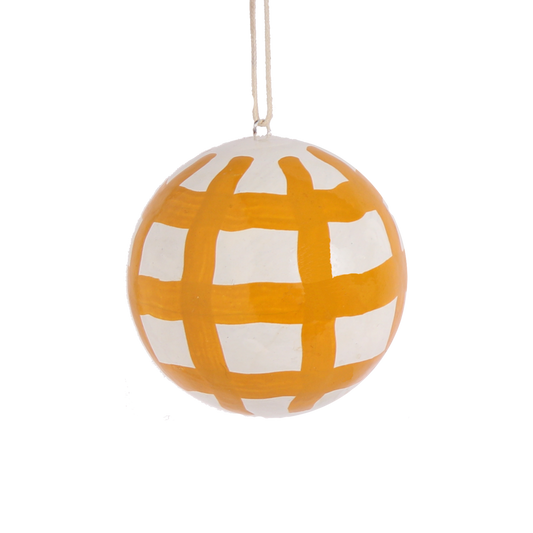 Papier Mache Brushstroke Check Bauble Ochre, 7 cm