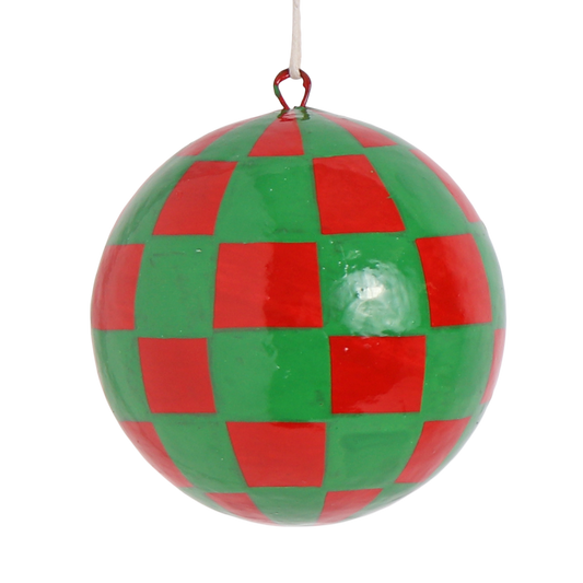 Papier Mache Two-Tone Checkerboard Bauble Green & Red, 7 cm