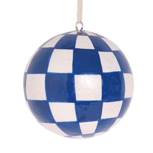 Papier Mache Checkerboard Bauble Cobalt, 7 cm