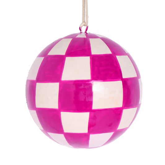 Papier Mache Checkerboard Bauble Magenta, 7 cm